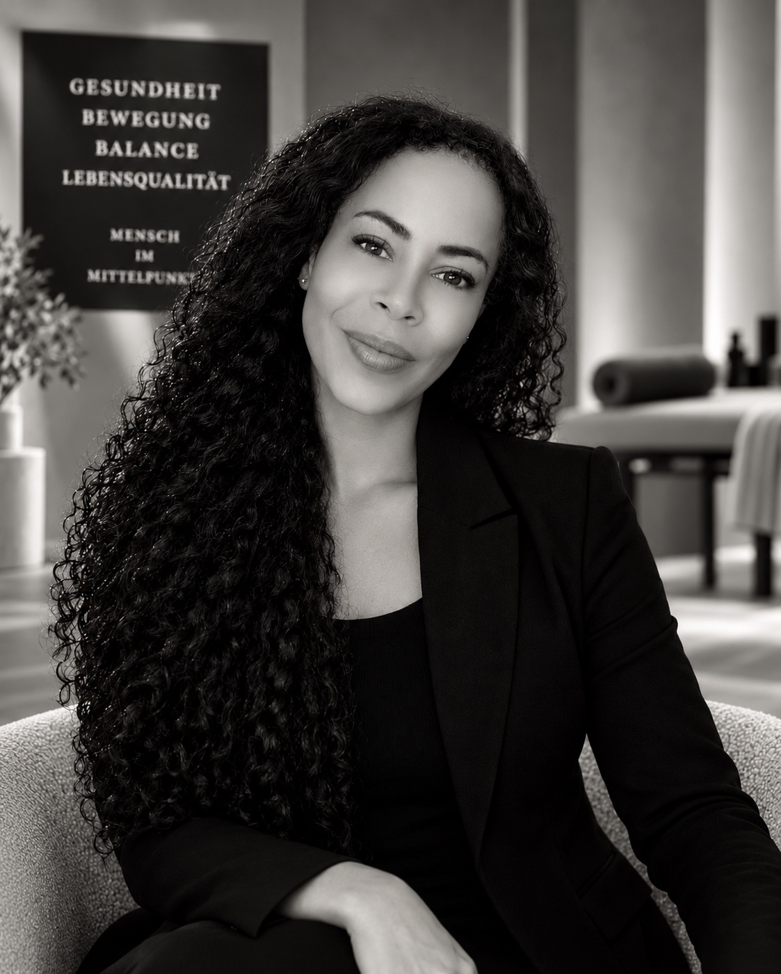 Originalporträt von Sabrina Noel Harris im Black & White Holistic Atelier in Schwarz-Weiß