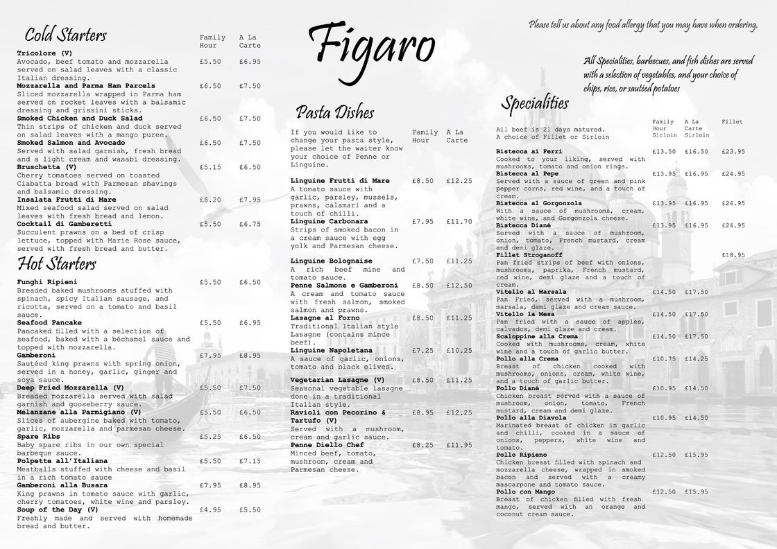 Figaro Italian Restaurant Menu Figaro Restaurant