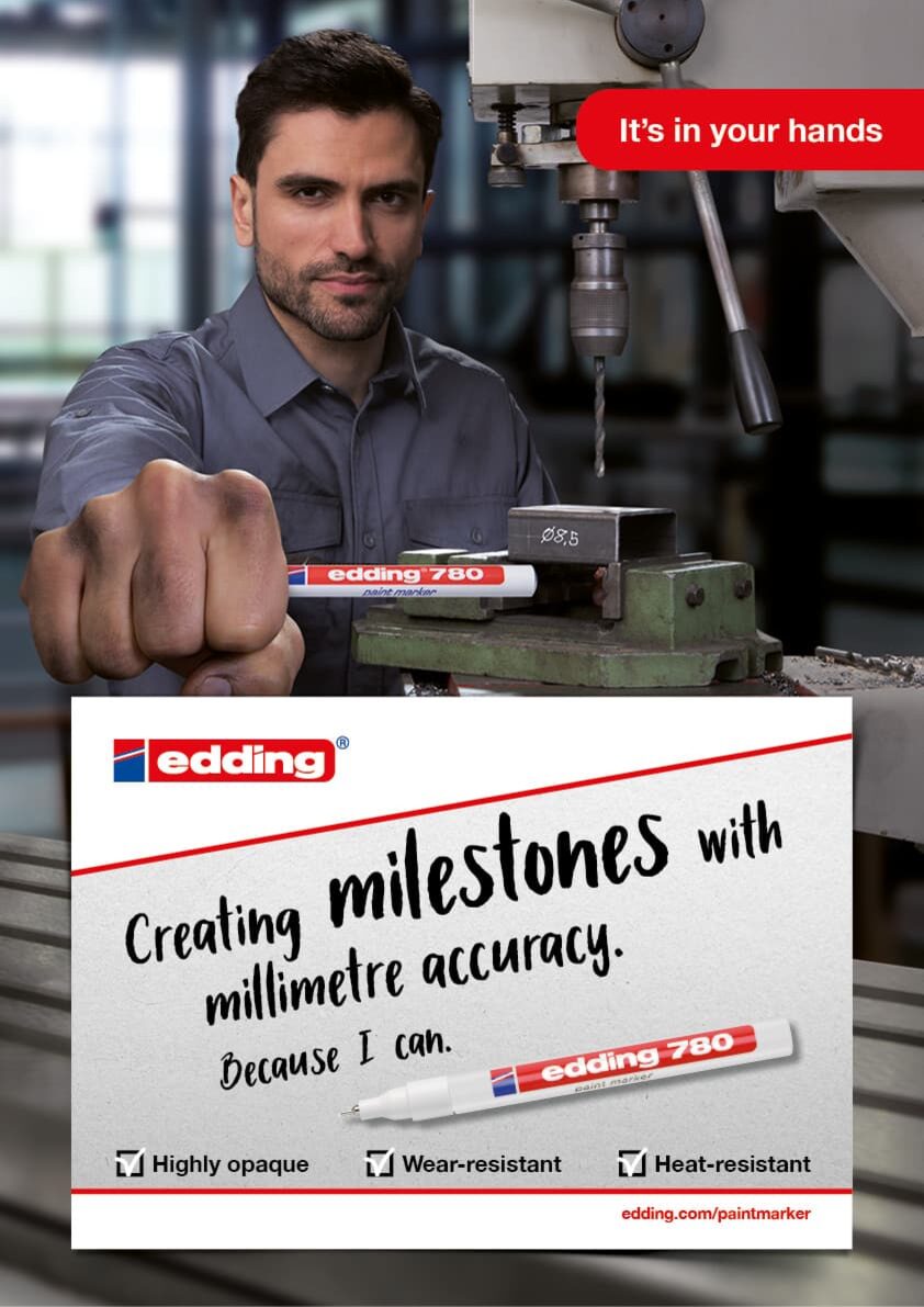 Texter Hamburg textet B2B-Kampagne für edding Lackmarker  (Zielgruppe: metallverarbeitende Industrie)