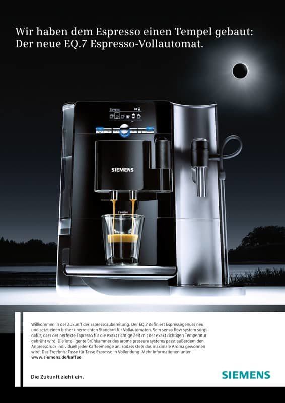 Texter in Hamburg textet Anzeigenmotiv für Siemens Espresso-Vollautomat