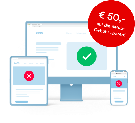 mockup von Website mit störer: 50€ Setup gebühr sparen