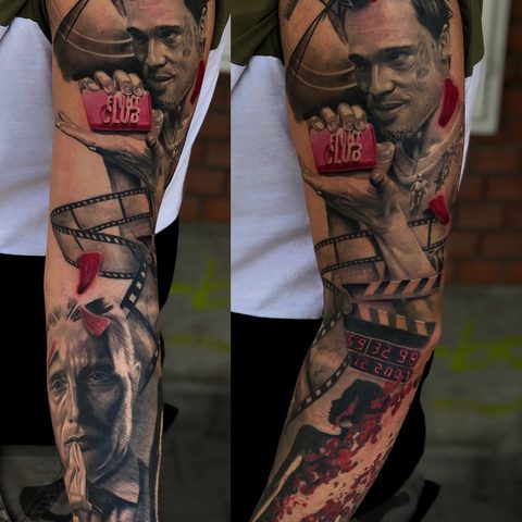 Kristof, Kondrat, Selfmade, Tattoo, Berlin, Vegan, Realistic, Portrait, Brad Pitt, Fight Club, Trash, Polka, Sleeve
