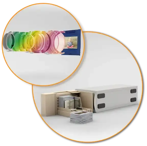 Technik-Vergleich zur Dia-Digitalisierung: Visualisierung des Nikon Coolscan 5000 ED Filmscanners und unseres Reproduktionssystems für problematische Diarahmen